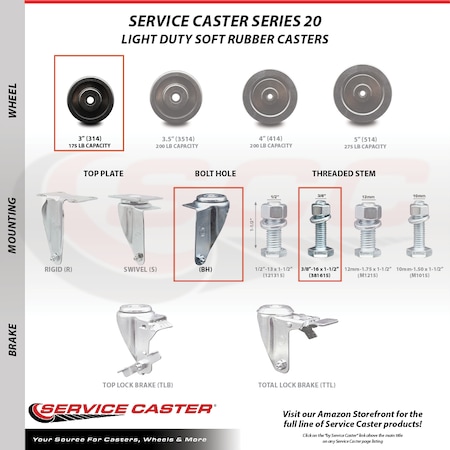 Service Caster 3 Inch SS Soft Rubber Wheel Swivel 3/8 Inch Threaded Stem Caster Set SCC SCC-SSTS20S314-SRS-381615-4